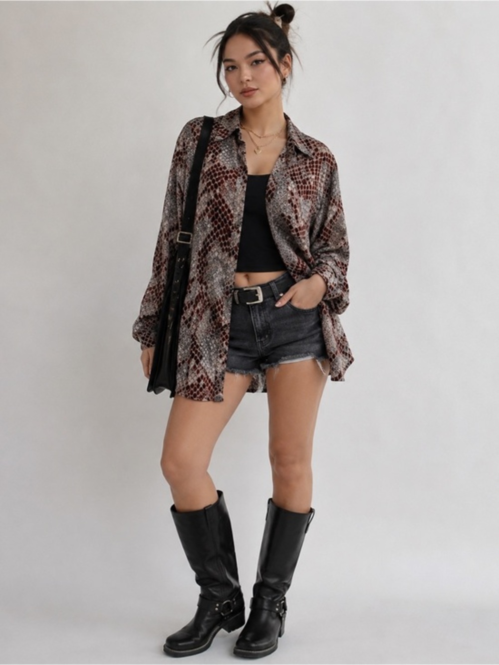 Buddy Love Blue Pink Black Malika Snake Print Button Up Tunic Top Size S Funky